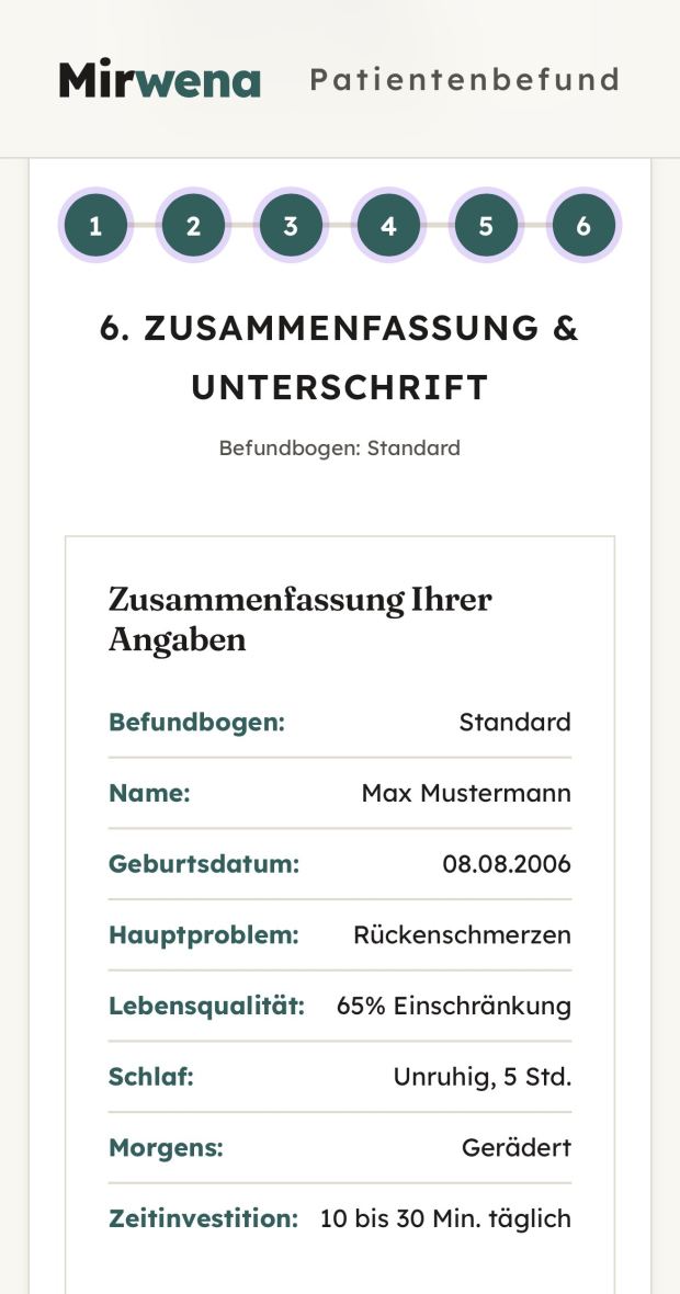 Zusammenfassung des ausgefüllten Befundbogens mit Name, Geburtsdatum, Hauptproblem, Lebensqualität, Schlaf und Zeitinvestition.